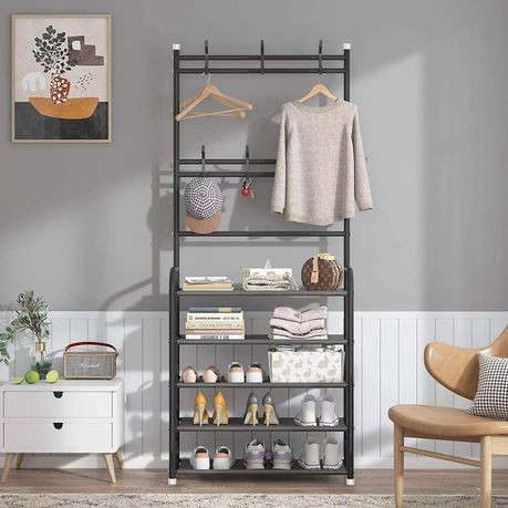 Multi-functional 5-Tier Coat & Shoe Shelf Rack Organizer with Hooks