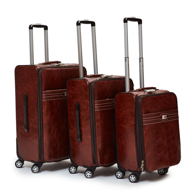 Hazlo 3 Piece PU Leather Vintage Trolley Luggage Bag Set - Brown
