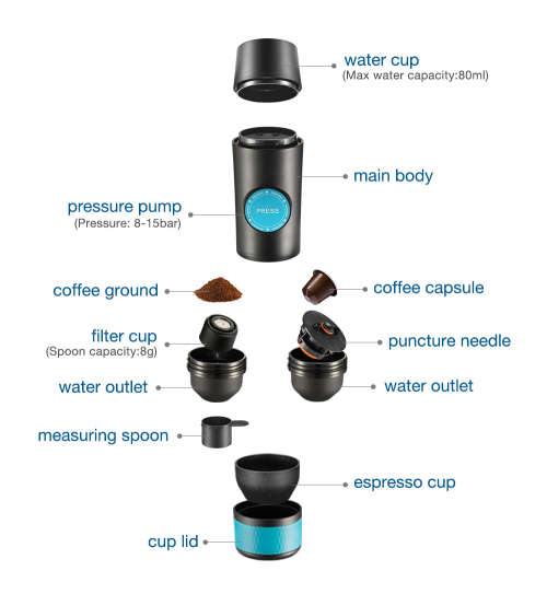 Kusie Portable Espresso Coffee Maker with Built in Battery - Ground or Nespresso Capsule