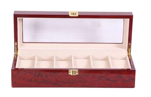 Hazlo Wooden Jewellery Watch Display Case Box Organizer - 6 Slot Compartment - Cherry Wood