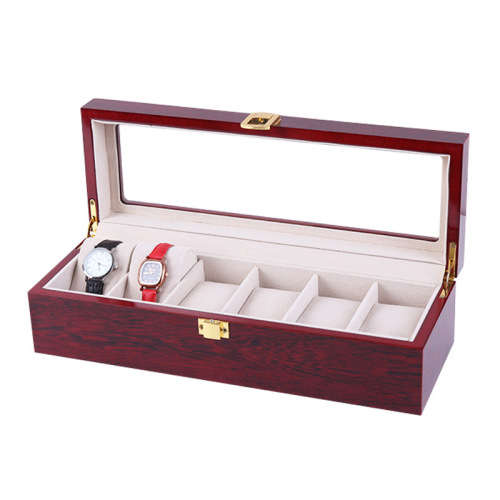 Hazlo Wooden Jewellery Watch Display Case Box Organizer - 6 Slot Compartment - Cherry Wood