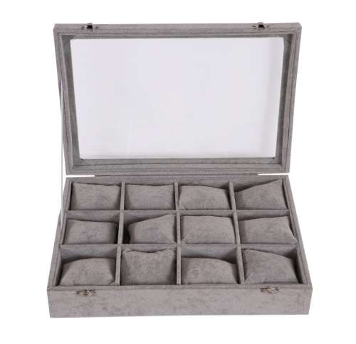 Hazlo 12 Grid Watch Jewellery Display Case Box - Grey Ice Velvet