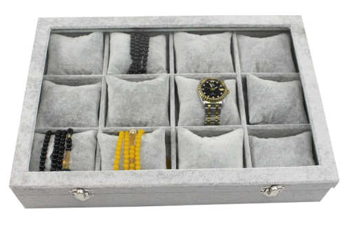 Hazlo 12 Grid Watch Jewellery Display Case Box - Grey Ice Velvet