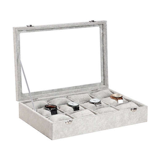 Hazlo 12 Grid Watch Jewellery Display Case Box - Grey Ice Velvet