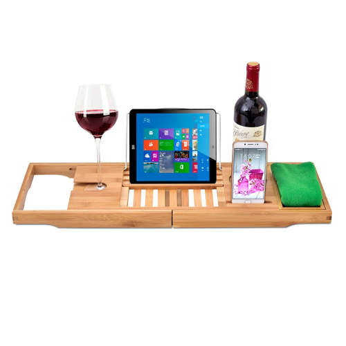 Bamboo Bathtub Caddy Rack Holder with Tray and Extending Slides