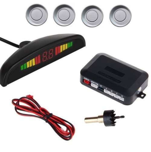 Car Reverse Parking Sensor Assistant - Includes 4 Sensors and LED monitor - Silver