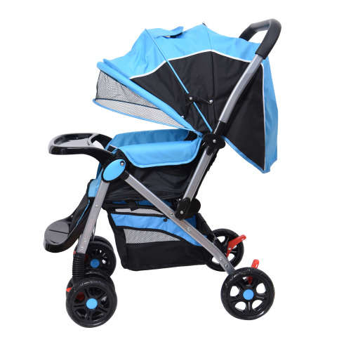 Baby Stroller Pram with Lift Up Foot Rest and Multi-position Reclining Backrest - Large - Blue