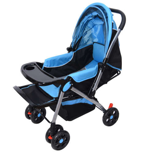 Baby Stroller Pram with Lift Up Foot Rest and Multi-position Reclining Backrest - Large - Blue