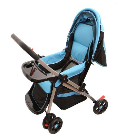 Baby Stroller Pram with Lift Up Foot Rest and Multi-position Reclining Backrest - Large - Blue