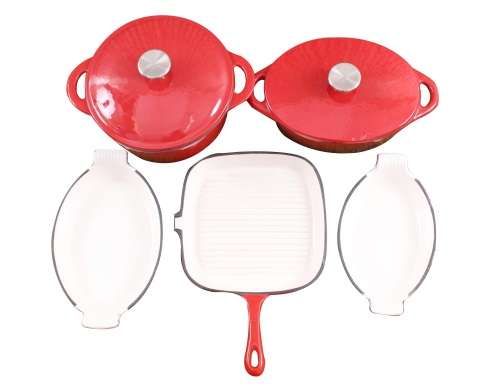 7 Piece Cast Iron Enamel Cookware Pot Set - RED please read