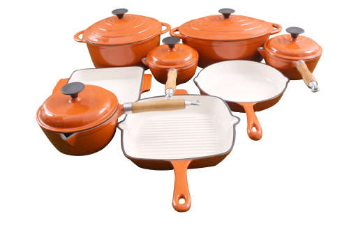 9 Piece Cast Iron Enamel Cookware Pot Set - Orange - [Second hand] PLEASE READ