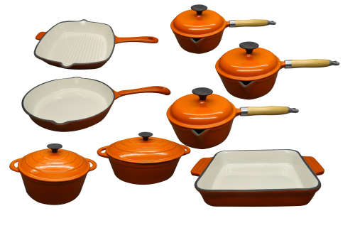 9 Piece Cast Iron Enamel Cookware Pot Set - Orange - [Second hand] PLEASE READ