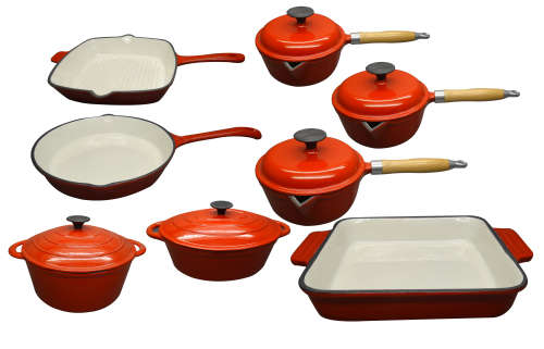 9 Piece Cast Iron Enamel Cookware Pot Set - Orange - [Second hand] PLEASE READ