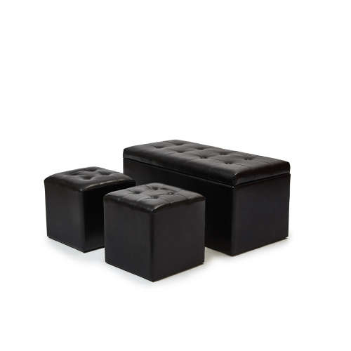 3-Piece Faux Leather Storage Ottoman Set - Black