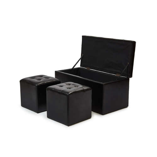 3-Piece Faux Leather Storage Ottoman Set - Black
