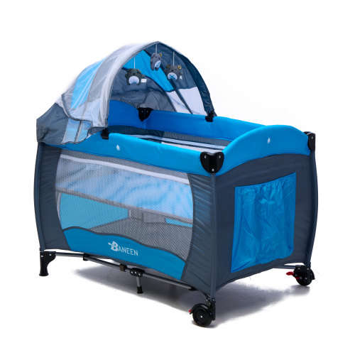 Baneen Baby Cot Crib with Diaper Changer, Net, Toys, Canopy, Wheels and Game Entrance - Blue