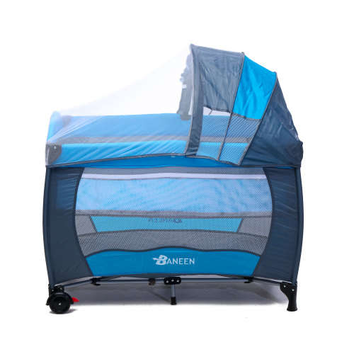 Baneen Baby Cot Crib with Diaper Changer, Net, Toys, Canopy, Wheels and Game Entrance - Blue