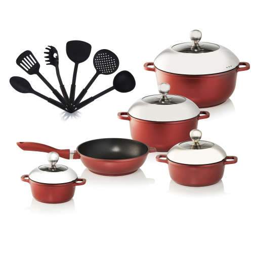 La Fermete Non-stick Die Cast Aluminium 15 Piece Pot Pan Cookware set  Burgundy