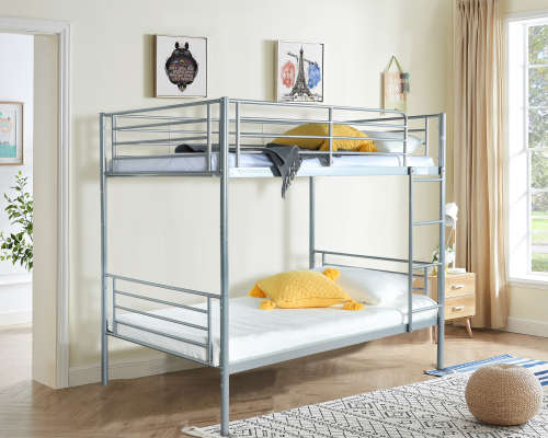 Hazlo Diana Single Over Metal Bunk Bed with Ladder - Modern Contemporary Style - Silver