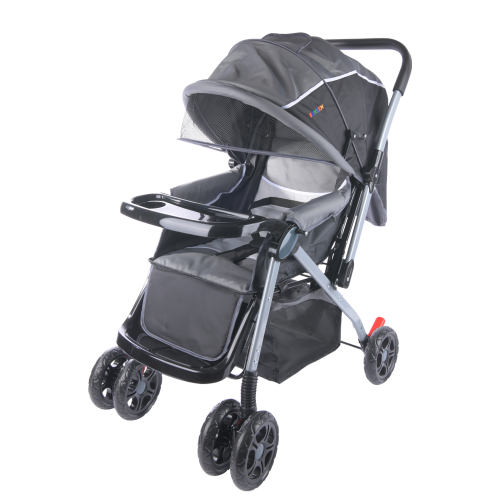 Baneen Baby Stroller Pram with Lift Up Foot Rest and Reversible handle - Grey Black