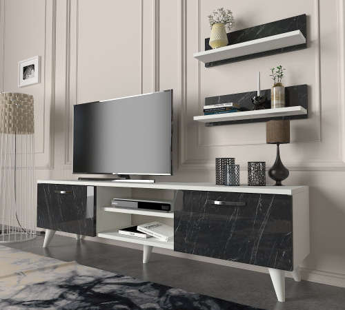 Hazlo Geacles Tv Unit Display Plasma Stand 2 Display Shelves White and Marmorean