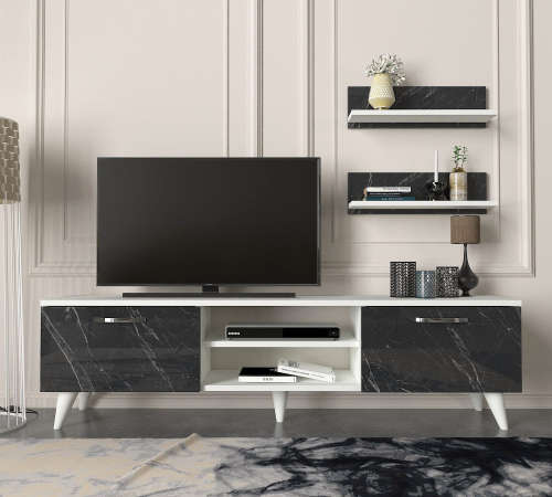 Hazlo Geacles Tv Unit Display Plasma Stand 2 Display Shelves White and Marmorean