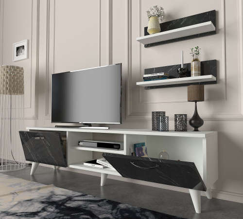 Hazlo Geacles Tv Unit Display Plasma Stand 2 Display Shelves White and Marmorean