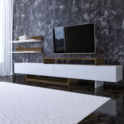 Hazlo Nirvana Tv Unit Plasma Stand Display Shelves Bookcase White and Walnut