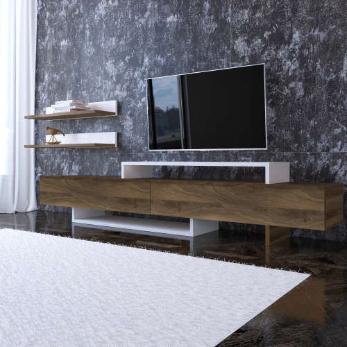 Hazlo Nirvana Tv Unit Plasma Stand Display Shelves Bookcase Walnut and White