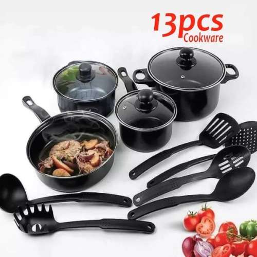 Alpine Gray 13 Piece Iron Non Stick Cookware Pot set - Black