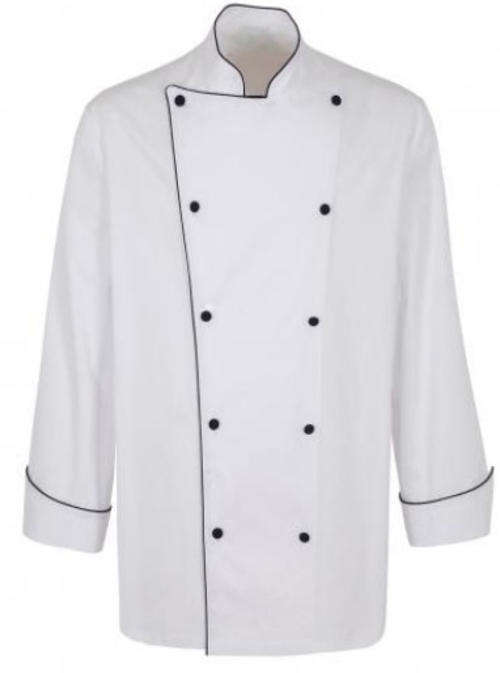 Long Sleeve Chef Jacket White with Black lines and Black Buttons