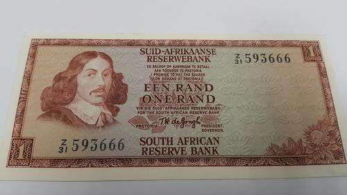 TW DE JONGH - 3RD ISSUE - ONE RAND (Z31-Z38) - SCARCE VF/XF REPLACEMENT NOTE