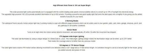 100 LED SOLAR WALL LIGHT  600 LUMENS  1800mAH BATTERY  3 SETTINGS
