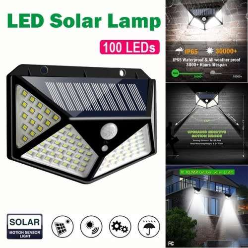 100 LED SOLAR WALL LIGHT  600 LUMENS  1800mAH BATTERY  3 SETTINGS