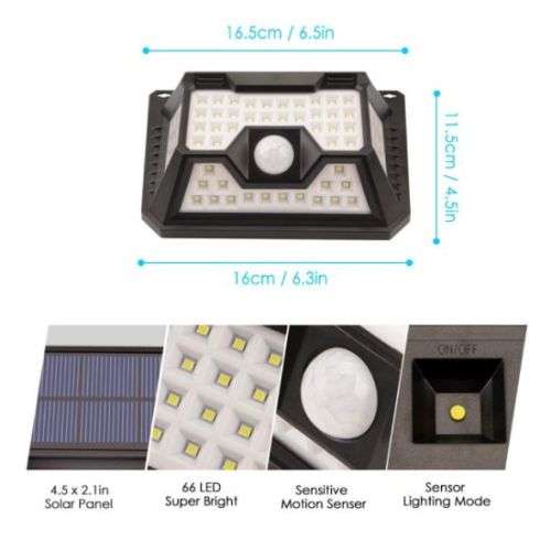 66 LED SOLAR WALL LIGHT  / 1200mAH BATTERY / 3 SETTINGS / 5000k / MOTION DETECTION / USB CHARGING