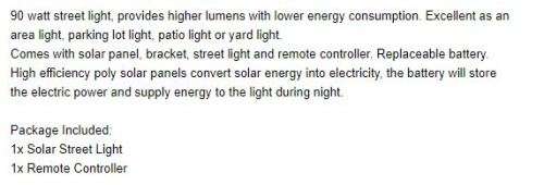 90W SOLAR STREET LAMP / LED SOLAR LIGHT / MOTION SENSOR / IP65 WATERPROOF / REMOTE