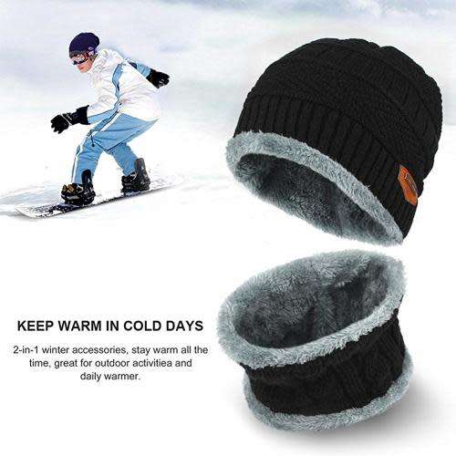 CABLE FLEECE WARM HAT WITH SCARF / FAUX FUR LINING