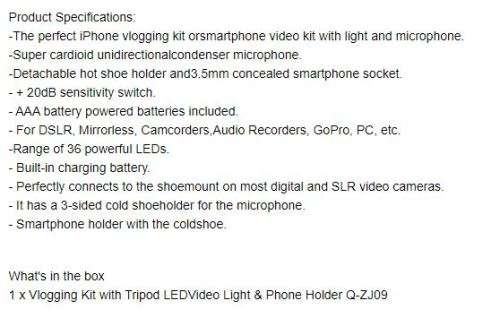 Vlogging Kit Shotgun Microphone With Led Light And Tripod Use for Gopro, cameras and smartphone Vlog