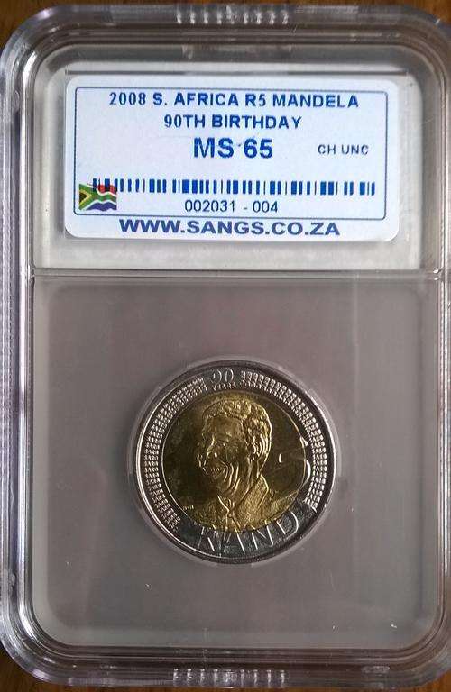 2008 R5 MANDELA BIRTHDAY COIN / MS65 / SANGS GRADED / 5 ON OFFER