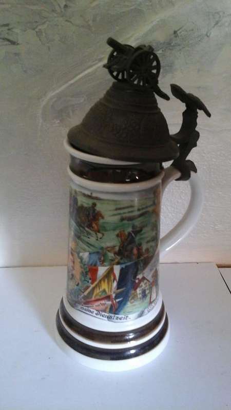 ** Real German beer Mug with decorations and cannon top - Great for a bar ornament or glass showcase
