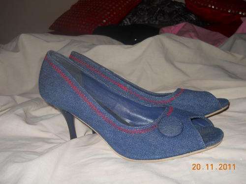 Denim peep toe heels size 7