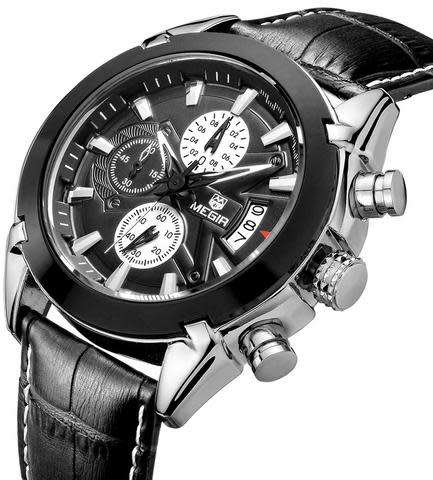 MEGIR Leather Chronograph Mens Watch - Black or Brown