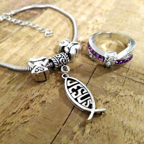 CLEARANCE SALE | Jesus Cutout Bracelet with Turtle Beads + Violet Diamante Promise Ring Set