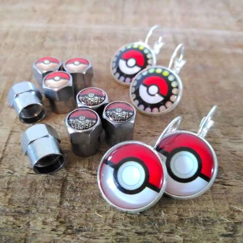 CLEARANCE SALE | Pokeball Icon Valve Cap Covers + Silver Logo Earring Fan Gift Set