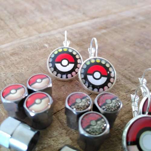 CLEARANCE SALE | Pokeball Icon Valve Cap Covers + Silver Logo Earring Fan Gift Set