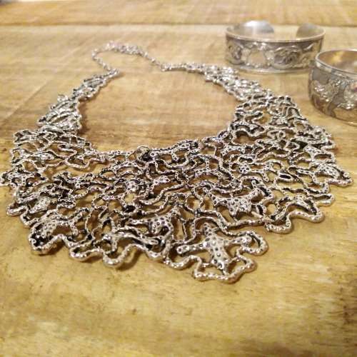 CLEARANCE SALE | Silver Metal Lace Statement Necklace + Cuff Bangles | Gift Set