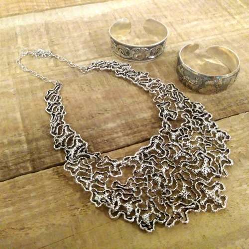 CLEARANCE SALE | Silver Metal Lace Statement Necklace + Cuff Bangles | Gift Set