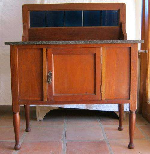 Teak Wash Stand with Black Fossilised Marble Top