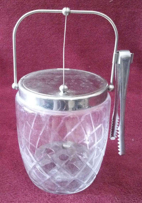 CUT GLASS AND SILVER PLATED ICE BUCKET WITH TONG