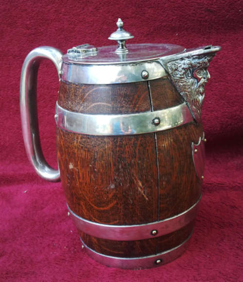 VERY RARE AND ANTIQUE: c1860's BOUND OAK AND SILVER POT WITH CERAMIC INNER - 21x22cm